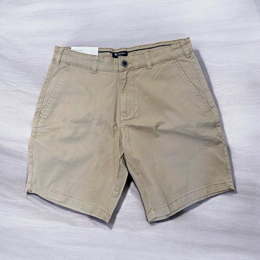 Sperry Men's Beige Cotton Chino Shorts Solid Flat Front Button Pockets Size 30